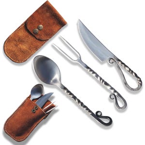 Customize Viking 3-Piece Medieval Cutlery Set, Hand Forged Feasting Set, Twisted Pattern Carbon Steel Flatware With Leather Pouch