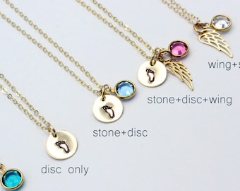 Personalized Gold Filled Footprint Necklace, Sterling Silver Angel Wing, Birthstone