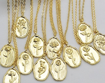 Gold Birth Flower Pendant | Oval Disc Necklace | Select Birth Month JAN - DEC