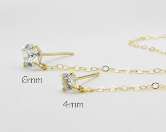 CZ diamond Stud Earrings | Dangling Chain Earrings | Cubic Zirconia Earrings | Gold Filled Chain | Minimalist Earrings