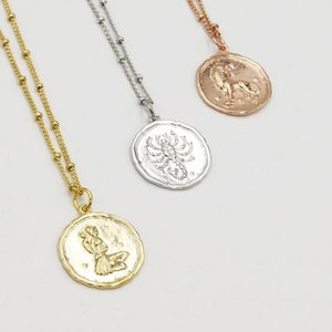 Zodiac Coin Disc Necklace | Gold Astrology Pendant | Medallion Pendant | Cancer, Aries, Pisces, Scorpio Sign | Gift for Her