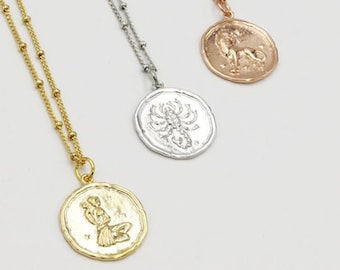 Zodiac Coin Disc Necklace | Gold Astrology Pendant | Medallion Pendant | Cancer, Aries, Pisces, Scorpio Sign | Gift for Her