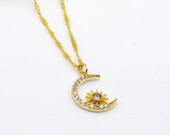 CZ Moon and Star Necklace | Celestial CZ Diamond Moon Pendant | Gold Moon Jewelry | Birthday Gift