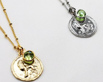 Zodiac Coin Necklace, Gold Medallion Pendant, Crystal Birthstone