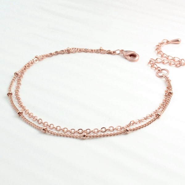 Rose Gold Layered Chain link Bracelet, Simple Beaded Dew Drop Bracelet, Double Chain Necklace
