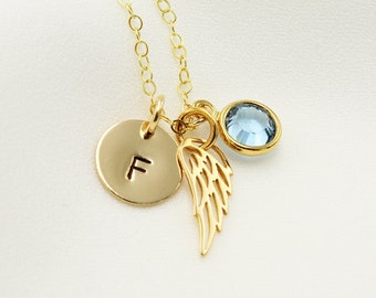 Gold Angel Wing Necklace | Personalized Initial Disc, Birthstone Charm