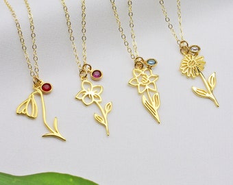 Gold Birth Flower Necklace | Birthstone Flower Pendant | Flower Necklace | JAN~DEC Select Flower |