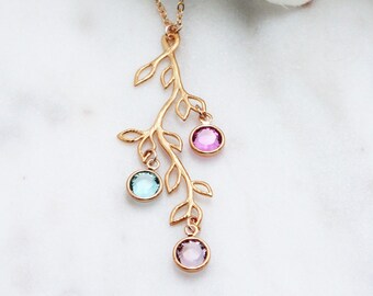 Family Birthstone Mother Necklace, Personalized with Crystal Stone, Cascading Branch Jewelry