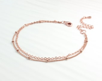 Layered Bracelet | Rose Gold | Gold Beaded Chain | Double Link | Minimal Jewelry | Everyday Necklace