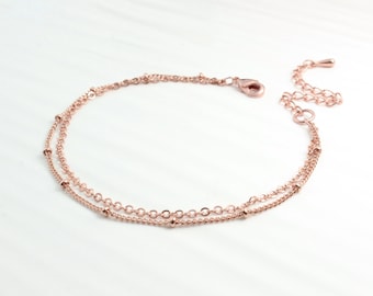 Rose Gold Layered Chain link Bracelet, Simple Beaded Dew Drop Bracelet, Double Chain Necklace