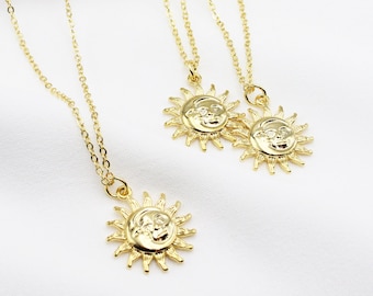 Gold Sun and Moon Pendant Necklace, Celestial Charm