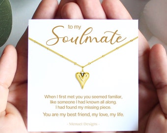 Soulmate Necklace, Gold Heart Charm Pendant , Birthday Gift for Partner, with Message Card | Sister Heart Charm Gift | Waterproof Jewelry