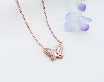 Rose Gold Butterfly Shell Necklace, Inlaid Shell Butterfly Pendant, Rose Gold Jewelry, Silver Pendant, Waterproof Jewelry, Gift for Her