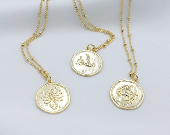 Gold Zodiac Coin Disc Necklace | Astrology Necklace | Constellation Silver Medallion Pendant | Taurus Pendant | Gemini Charm Necklace | Gift