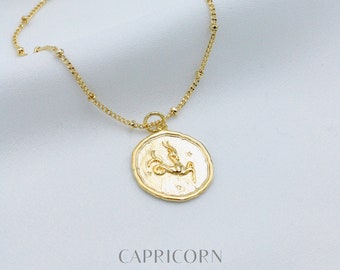 Zodiac Coin Disc Necklace | Capricorn Zodiac Sign | Celestial Charm Pendant | Constellation Jewelry | Gold Horoscope Jewelry