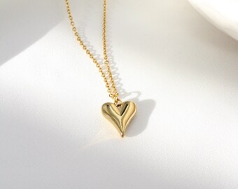 18k Gold Heart Charm Necklace, Silver Heart Beaded Chain Pendant, Adjustable Chain Necklace, Waterproof Jewelry