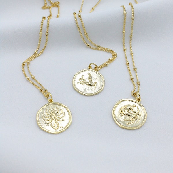 Gold Zodiac Coin Disc Necklace | Astrology Necklace | Constellation Silver Medallion Pendant | Taurus Pendant | Gemini Charm Necklace | Gift