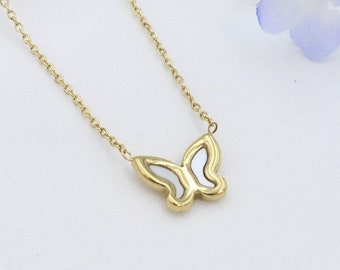 Gold Butterfly Shell Necklace, Inlaid Shell Butterfly Pendant, Rose Gold Jewelry, Silver Pendant, Waterproof Jewelry, Gift for Her