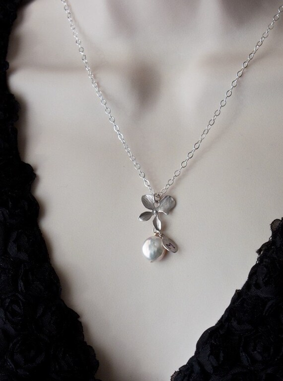 Items similar to Orchid and Pearl Necklace, Personalized, STERLING ...