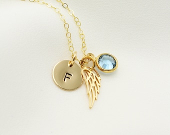 Personalized Gold Filled Footprint Necklace, Sterling Silver Angel Wing, Birthstone
