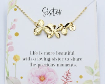Personalized Sisters Necklace | Sister's Birthday Gift | Rose Gold Flower Charm| Three Orchid Flowers | Wedding Gift for Sisters