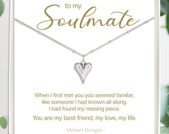 Soulmate Heart Necklace, Gold or Silver Heart Charm | Best Friend Pendant with Message Card | Sister Heart Gift | Waterproof Jewelry