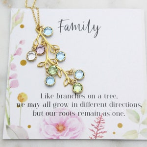 Cadeau Fête des Mères | Collier arbre généalogique | Cadeau pour maman | Pierres de naissance or rose argent or | Collier carte message | Cadeau d'anniversaire d'avril