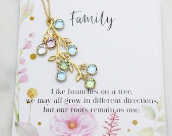 Family Crystal Birthstone Necklace, Gold Branch Pendant, Message Card Jewelry