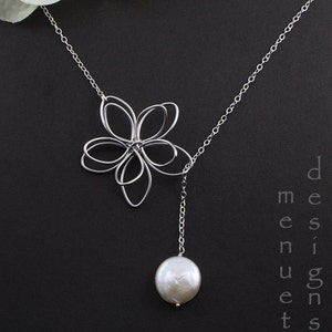 Flower and Pearl Lariat, Garden Moon Necklace,Pearl Necklace,Wedding Jewelry,Bridal Party Gift,Silver Flower Necklace,Best friend,Christmas