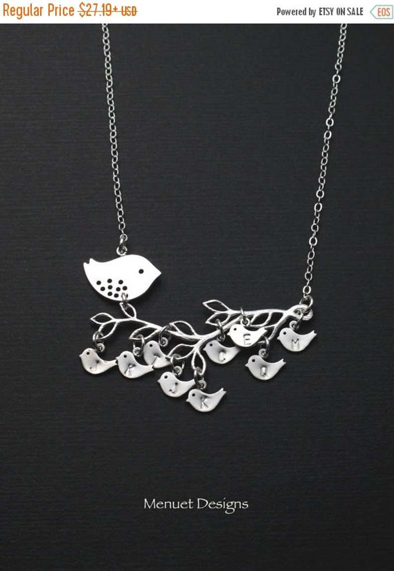 Monogram Baby Bird Necklace Wedding Gift for Mother or Grandmother Bird Charm Personalized Initial Necklace for Mother Family Tree