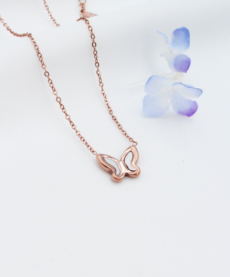Rose Gold Butterfly Shell Necklace, Inlaid Shell Butterfly Pendant, Rose Gold Jewelry, Silver Pendant, Waterproof Jewelry, Gift for Her image 1