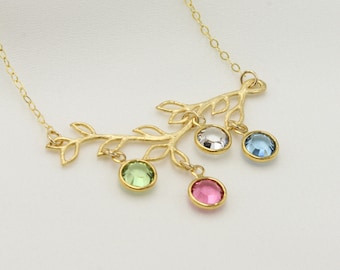 Custom Family Tree with Birthstone Necklace, Gold Branch Pendant, Select Birth Month Stone