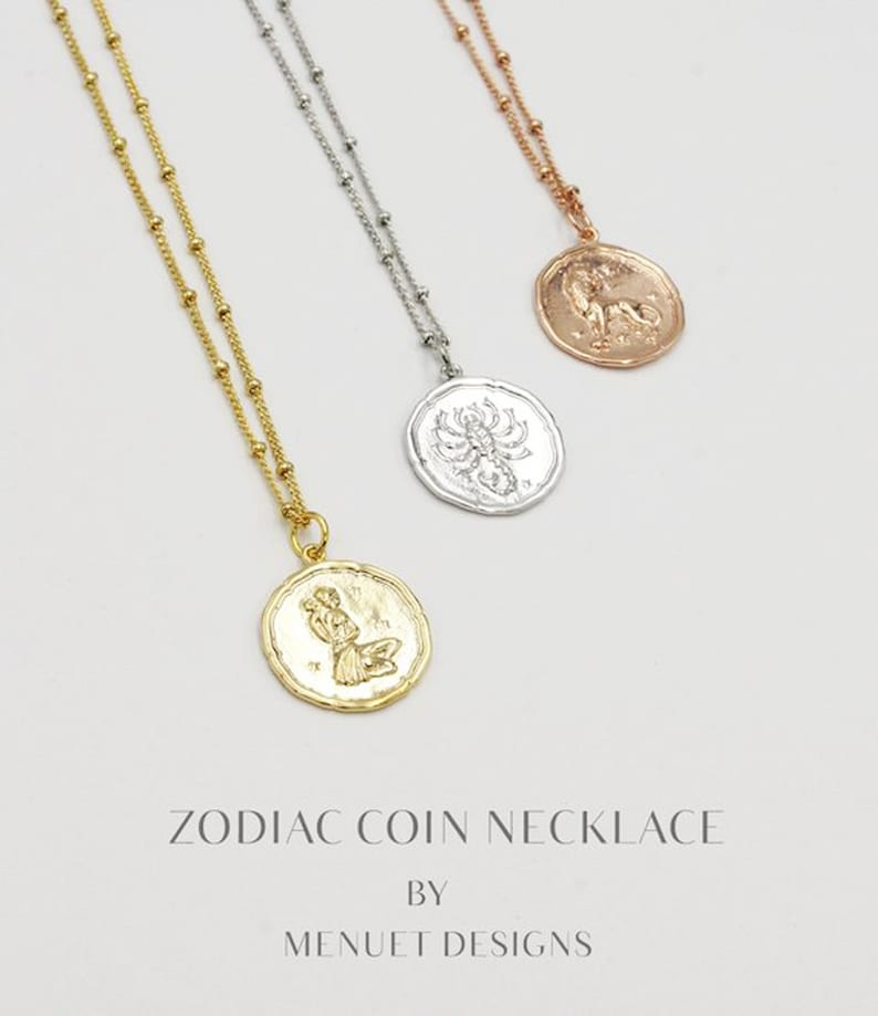 Gold Virgo Zodiac Coin Disc Necklace 