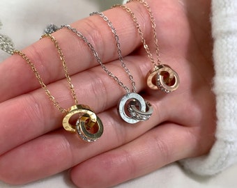 Interlocking Double Circle Necklace | Roman Numeral Pendant, CZ Accents | Gold, Silver, Rose Gold