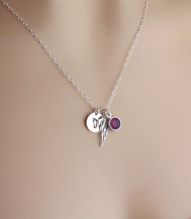 Child Foot Disc Miscarriage Necklace Angel Wing Baby Footprint Necklace Infant Loss Condolence Gift Birthstone Necklace