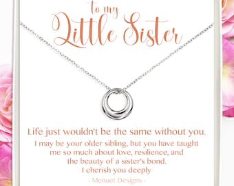 Silver Sister Necklace, Eternity Circle Necklace for Little Sister, Silver Circle Link Pendant, with Message Card, Waterproof Jewelry