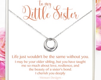 Sister Necklace, Silver Eternity Circle Necklace for Little Sister, Silver Circle Link Pendant, with Message Card, Waterproof Jewelry