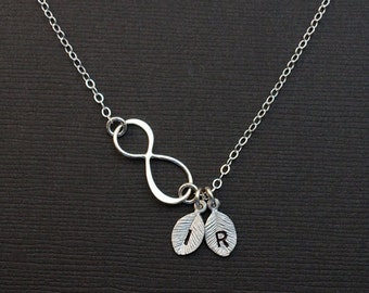 Silver Infinity Love Necklace | Personalized Initial Leaf Necklace | Mother's Day Gift | Monogram Eternity Necklace