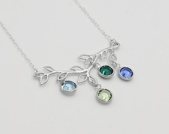 Family Tree Branch Necklace | Gold Birthstone Pendant | Mother Grandmother Birthday Gift | Tree Charm Jewelry
