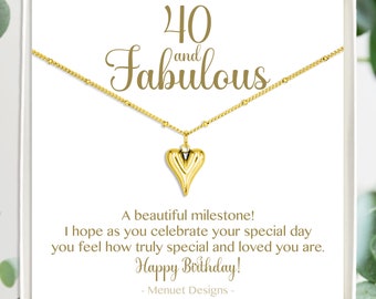 40 en fantastische ketting, 40e, 30e verjaardag, gouden sieraden, zilveren hart charme hanger met berichtkaart, waterdichte sieraden