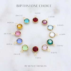 May include: A chart of birthstones with a small charm of each stone. The stones are arranged in a circle with the month and number of the month listed below each stone. The stones are: Garnet, Amethyst, Aquamarine, Diamond, Emerald, Alexandrite, Ruby, Peridot, Sapphire, Opal, Topaz, Turquoise.