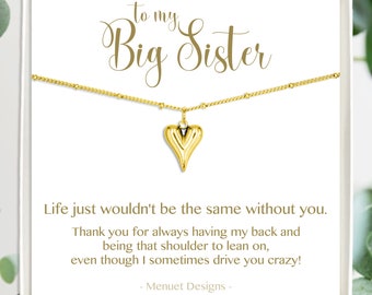 Big Sister Heart Necklace, Christmas Gift for Her, Gold Heart Pendant, Silver Necklace, Message Card, Puffy Heart Charm, Waterproof