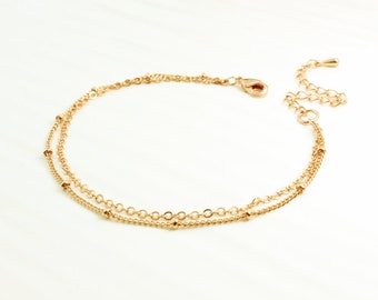Gouden kettingschakelarmband, eenvoudige kralen dauwdruppelarmband, dubbele kettingketting, gelaagde armband