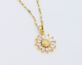 Gold Sunflower Necklace | CZ Diamond Pendant, Petal Chain, Stainless Steel