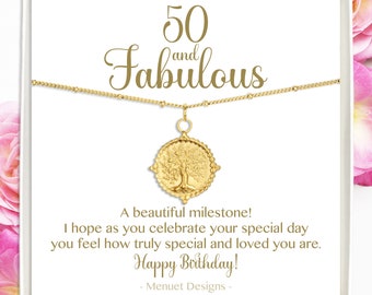 50 and Fabulous Family Tree Necklace | Gold Tree Charm Pendant | Waterproof Gold Filled Pendant, 50th Birthday Gift