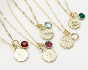 Gold Gemini Zodiac Coin Necklace, Silver Cancer Pendant, Swarovski Crystal Birthstone Charm