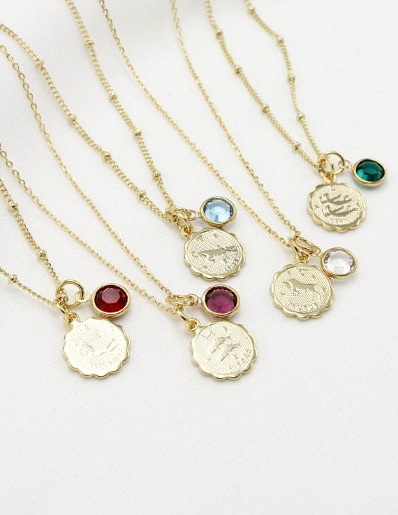 Gold Gemini Zodiac Coin Necklace, Silver Cancer Pendant, Swarovski Crystal Birthstone Charm