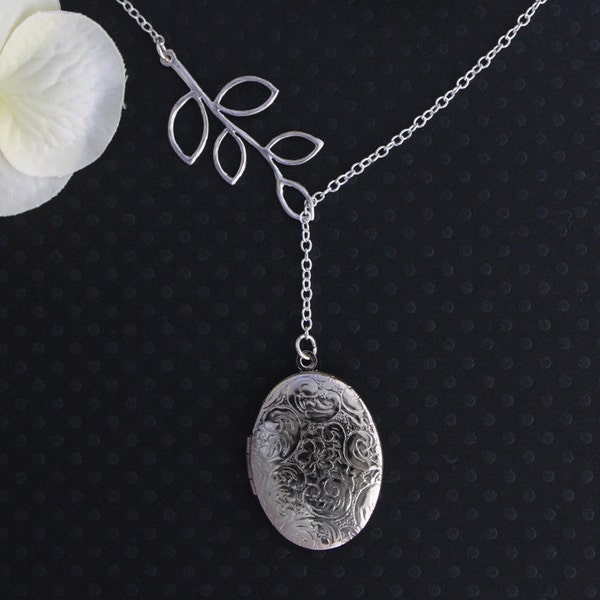 Silver Locket  Lariat - Silver Branch Necklace, Perfect Keepsake Photo Locket Necklace for Birthday, Anniversary gift