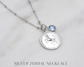 Personalized Zodiac Coin Disc Necklace | Gold Medallion Pendant | Astrology Coin Necklace | Birthday Gift | Choice of Birthstone | Horoscope