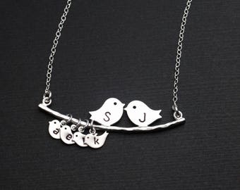 Monogrammed Lovebirds Necklace with Baby Birds | Choice of Silver or Gold